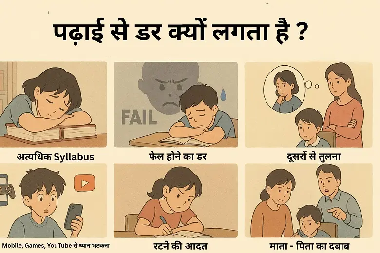 "एक हिंदी इन्फोग्राफिक जिसमें पढ़ाई से डर लगने की 5 मुख्य वजहें और उनके समाधान दर्शाए गए हैं – जैसे अत्यधिक पाठ्यक्रम, फेल होने का डर, दूसरों से तुलना, मोबाइल का distraction और रटने की आदत।"