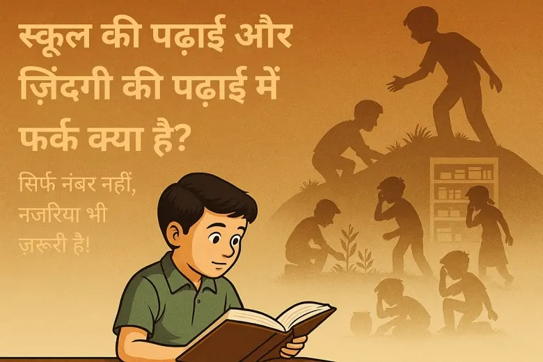 स्कूल की पढ़ाई और ज़िंदगी की पढ़ाई में फर्क क्या है? 1 स्कूल की पढ़ाई और असली जिंदगी की शिक्षा के बीच फर्क को दर्शाता हुआ चित्र, जहां एक ओर छात्र किताबें पढ़ रहे हैं और दूसरी ओर एक व्यक्ति जीवन के अनुभव से सीख रहा है।