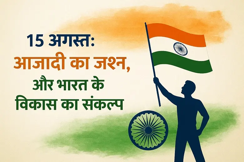 15 अगस्त पर भारतीय ध्वज के साथ व्यक्ति और आज़ादी का जश्न, भारत के विकास का संकल्प संदेश वाली तस्वीर