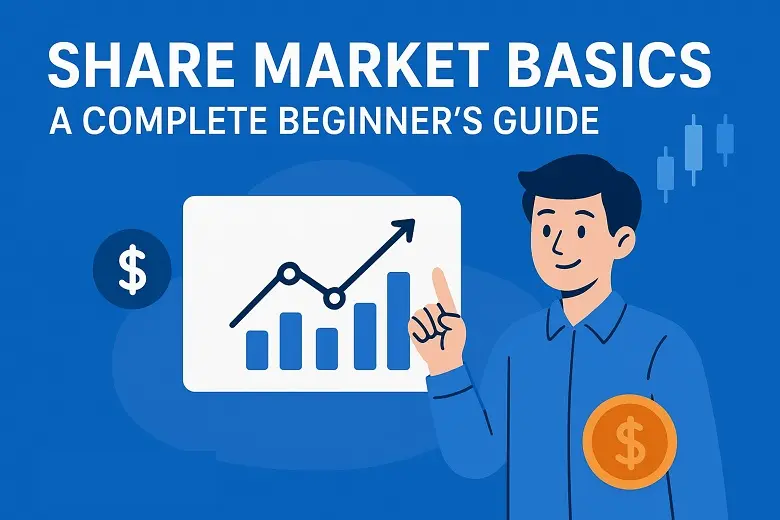 Share Market Basics guide illustration showing upward-trending stock market chart, coins, and beginner-friendly finance concept in blue theme.