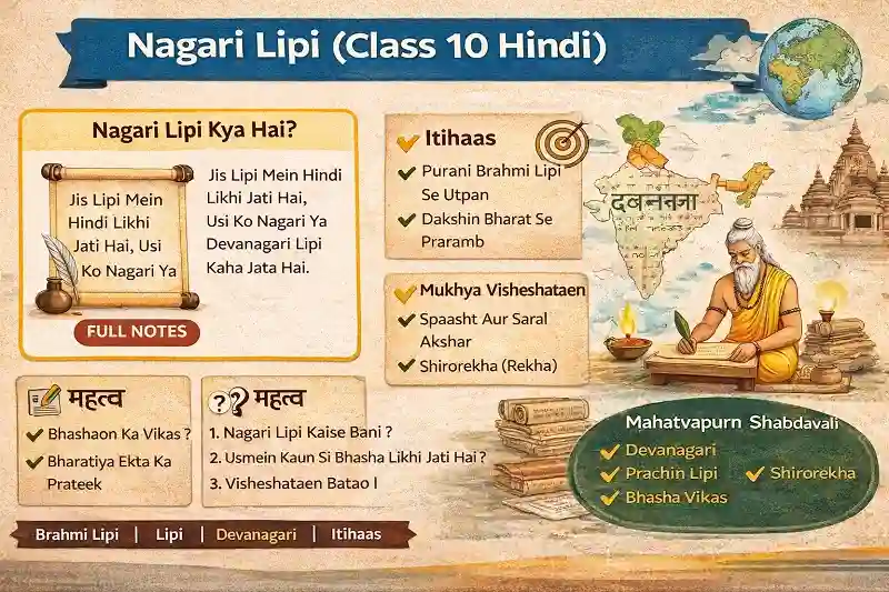 नागरी लिपि – सारांश, प्रश्न-उत्तर और MCQ | Class 10 Hindi 1 नागरी लिपि का विकास और विशेषताएँ दर्शाता चित्र