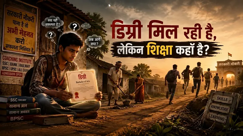 डिग्री मिल रही है, लेकिन शिक्षा कहाँ है? 1 गाँव का एक छात्र किताब लेकर सोच में डूबा हुआ — डिग्री और असली शिक्षा के बीच का अंतर
