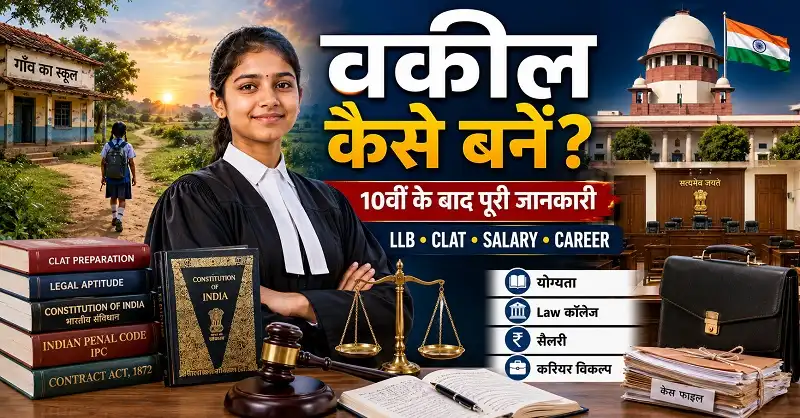 Indian law student in black advocate coat standing confidently in front of a courthouse with law books, justice scale and career roadmap representing how to become an advocate in India.
