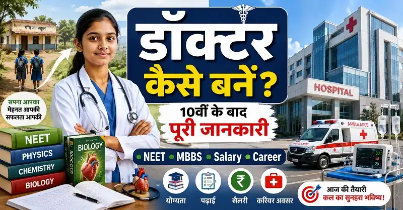 डॉक्टर कैसे बनें? पूरी जानकारी आसान हिंदी में। 1 सफेद कोट पहने भारतीय छात्र डॉक्टर बनने का सपना देखते हुए, NEET और MBBS करियर गाइड
