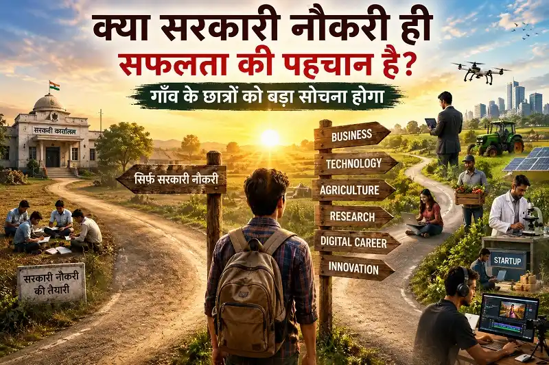 गाँव का एक छात्र चौराहे पर खड़ा है, जहाँ एक रास्ता सरकारी नौकरी की ओर और दूसरे रास्ते बिजनेस, टेक्नोलॉजी, कृषि, रिसर्च और डिजिटल करियर की ओर जाते हैं।